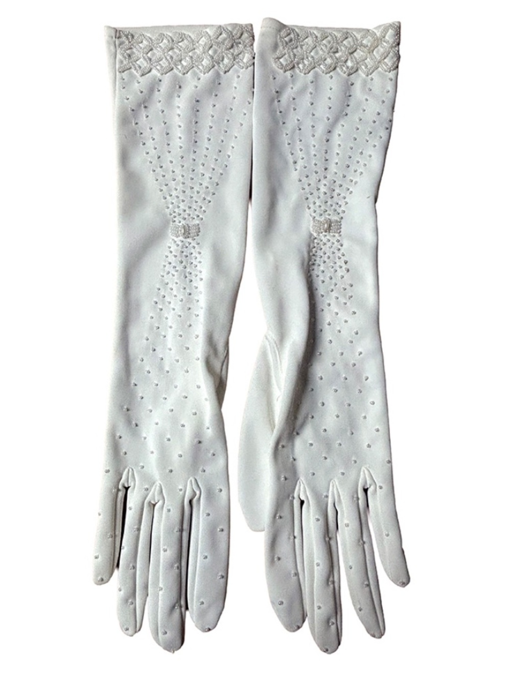 Vintage 1950s Pearl Embellished White Evening Gloves | Small